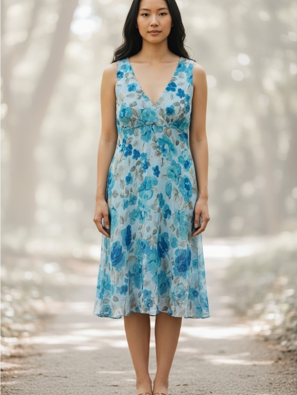 Alyn Paige Aqua and Blue Floral V-Neck Midi Dress